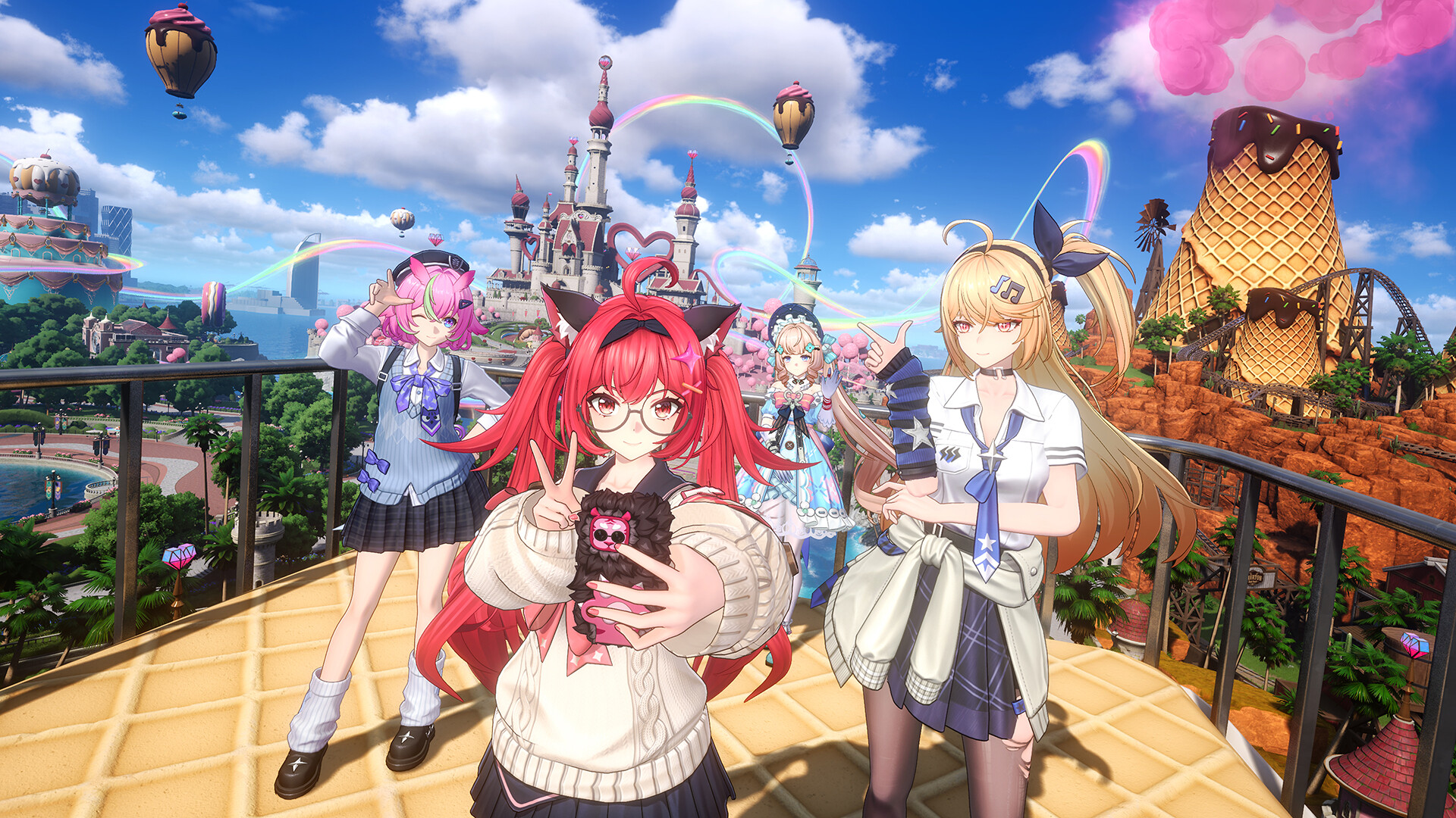 Characters posing in NTE's colorful theme-park setting