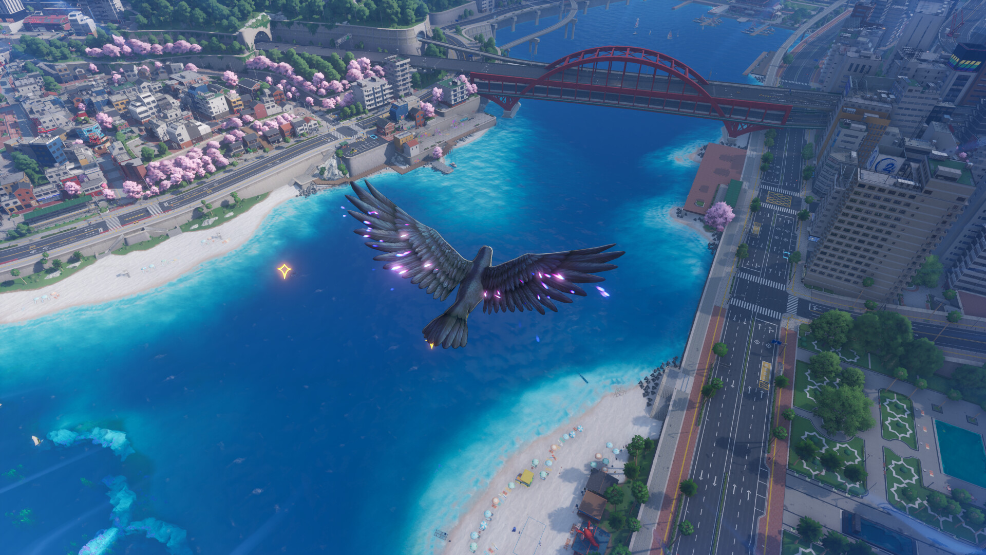 Aerial view of Hethereau's waterfront, bridge and city streets in Neverness to Everness