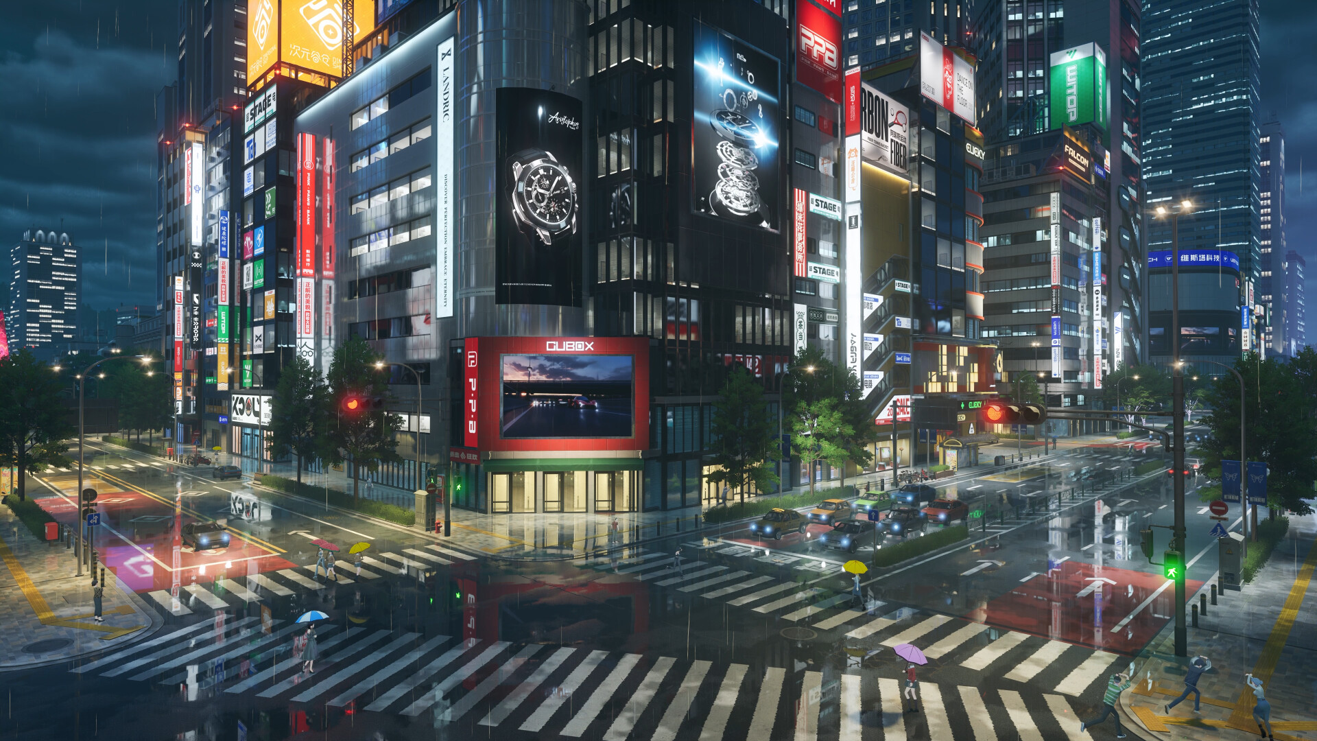 Nighttime streets and illuminated buildings in Hethereau