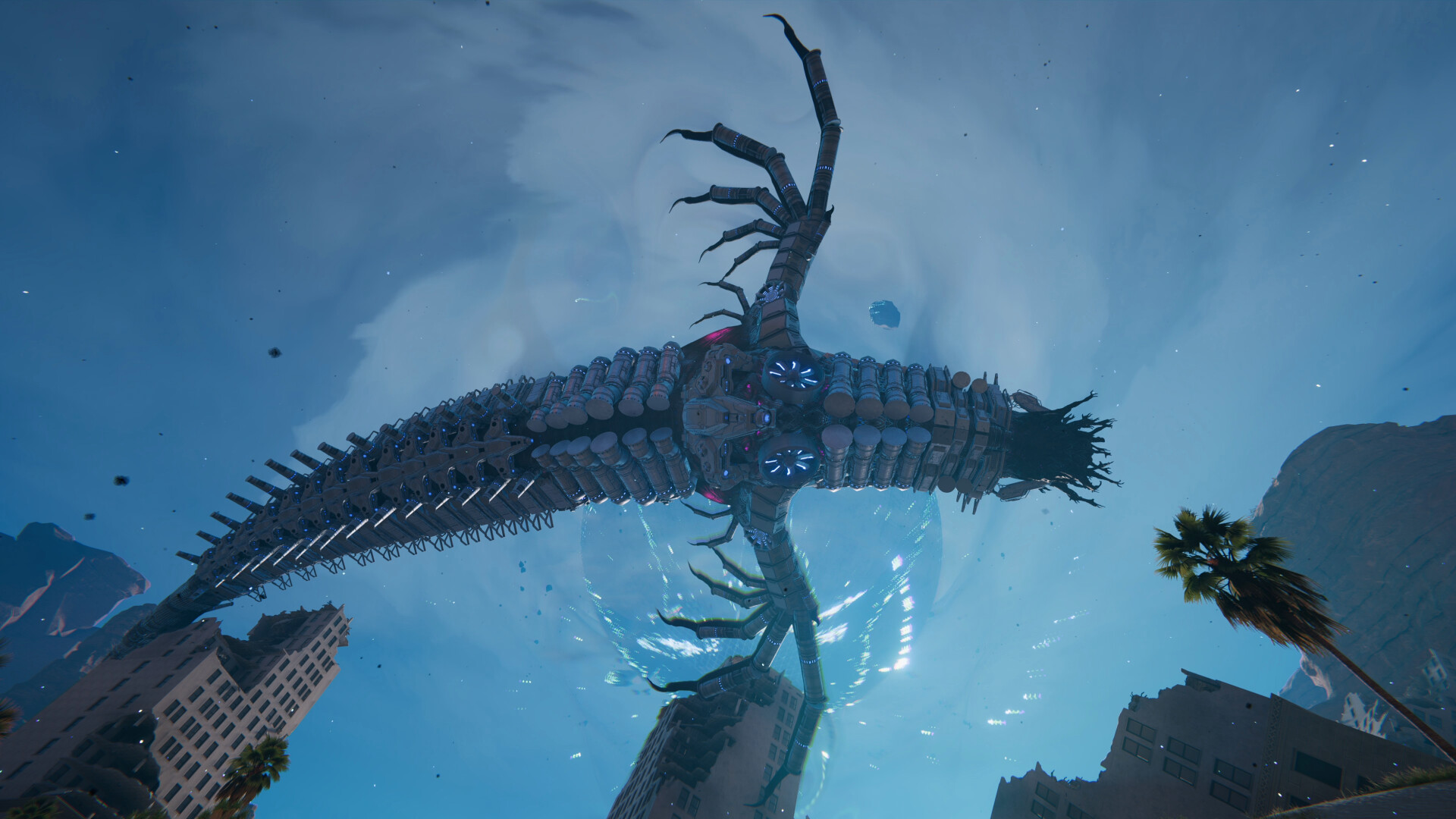 Large supernatural creature looming over a ruined area in Once Human