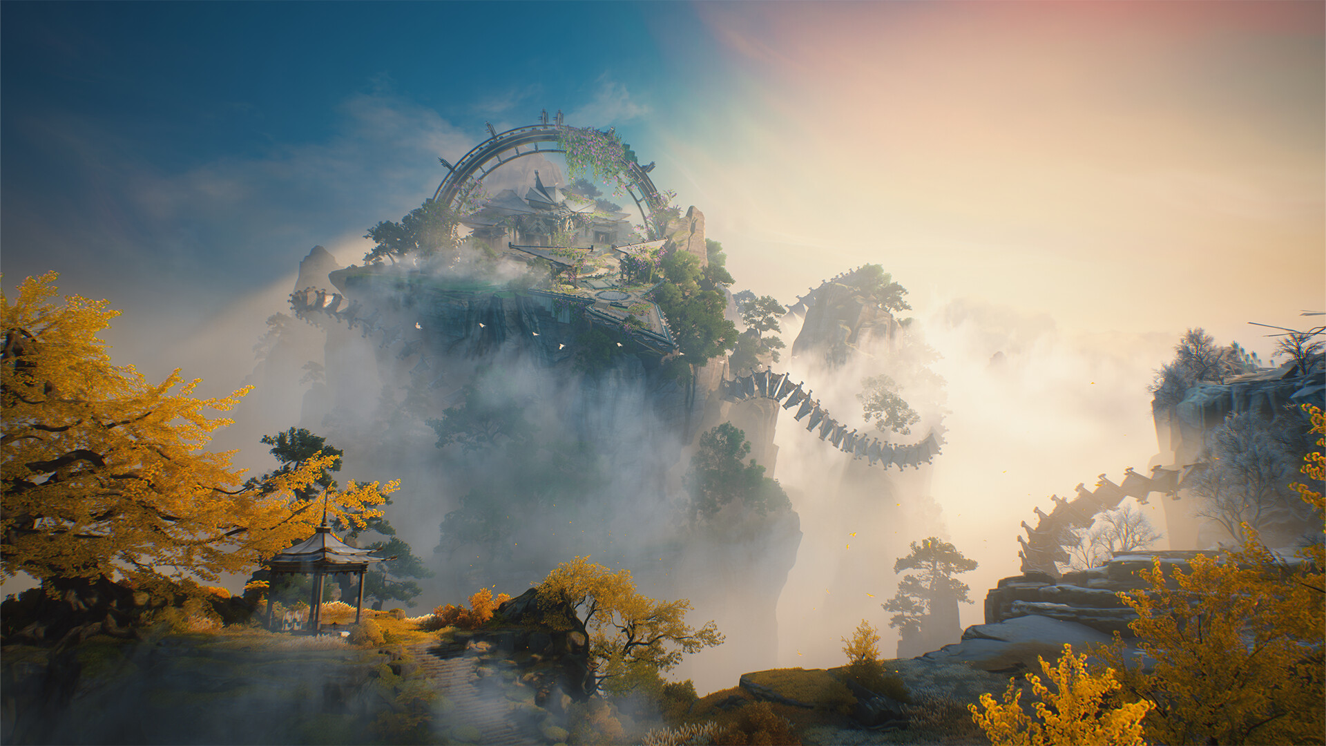Mountain landscape and distant ruins in Wuthering Waves