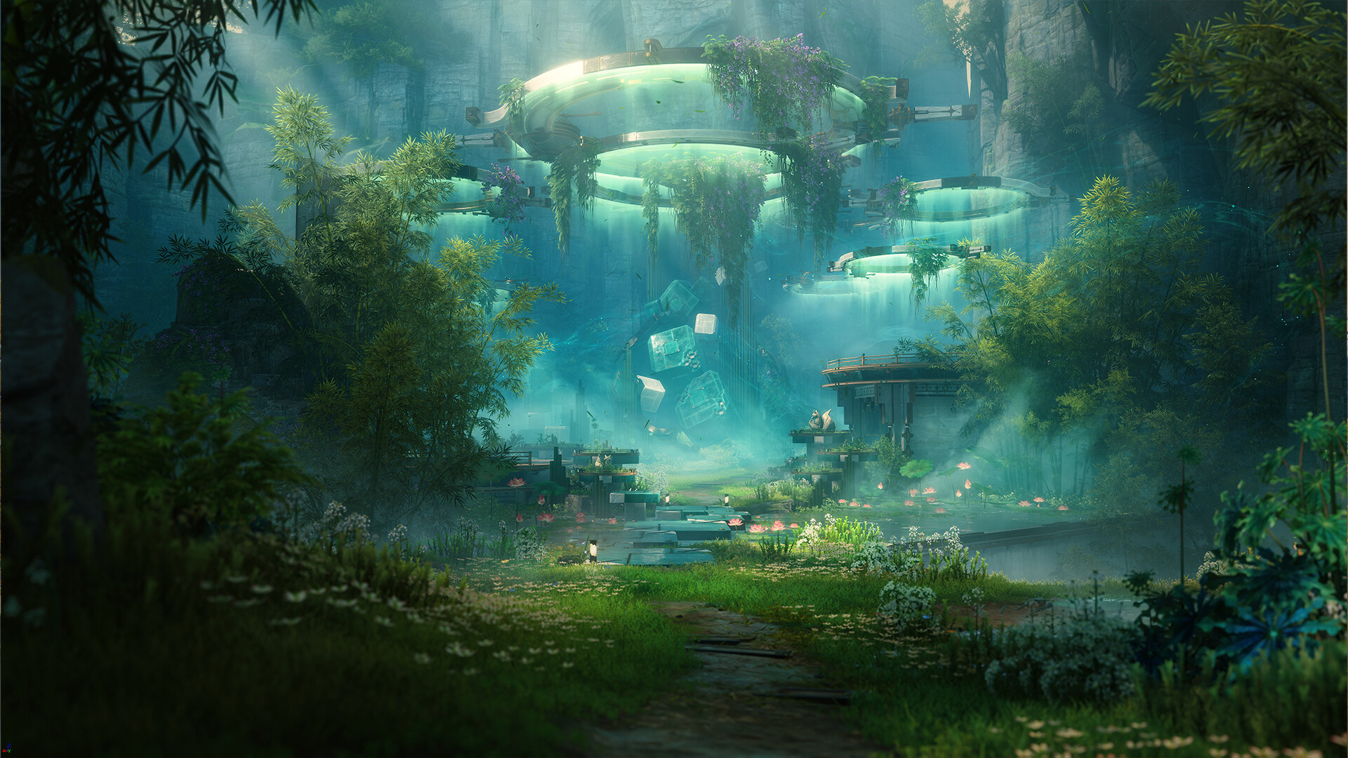 Lush overgrown ruins and a glowing structure in Wuthering Waves