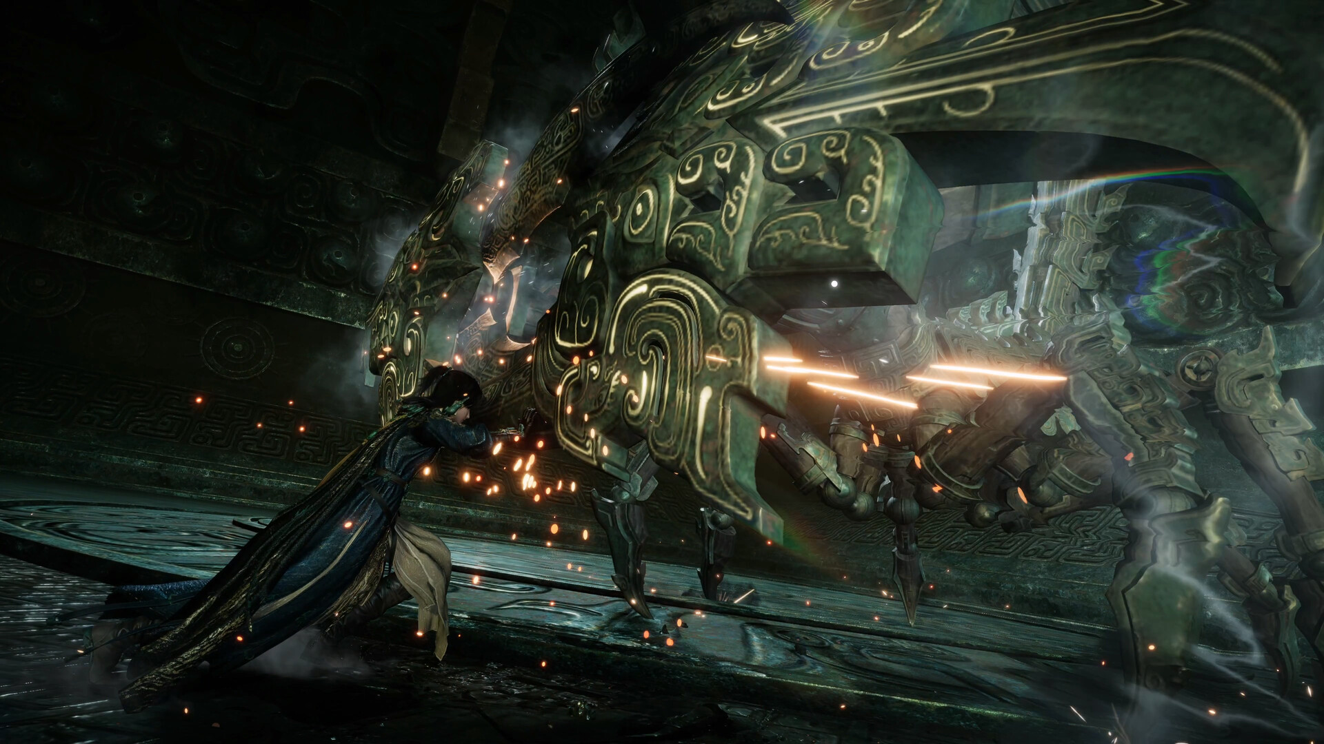 Martial-arts battle in a green-lit chamber in Where Winds Meet