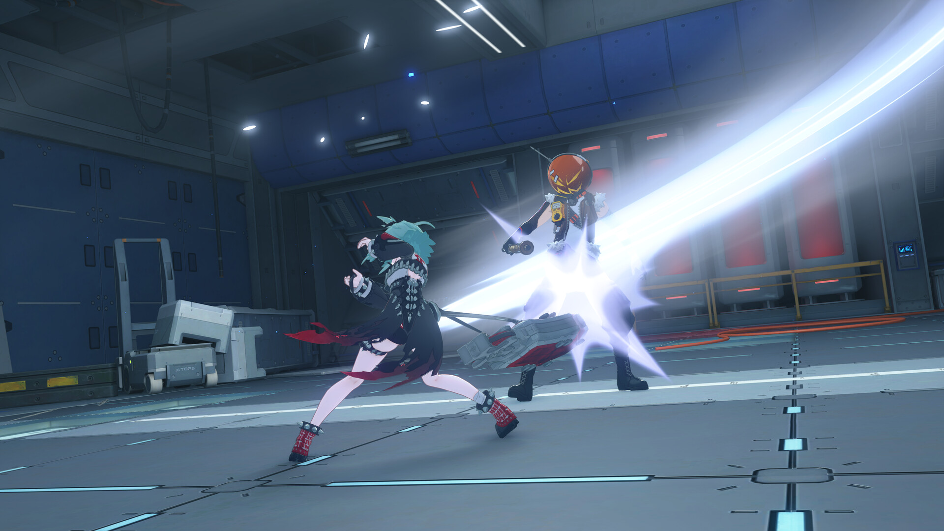 Agents fighting in an interior combat arena in Zenless Zone Zero